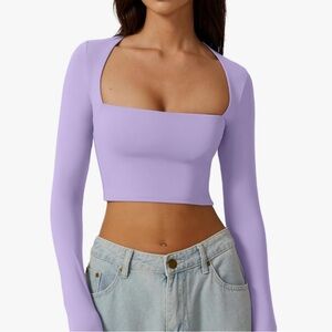 QINSEN Women's Sexy Square Neck Crop Top Long Sleeve Slim Fit Cropped T Shirts